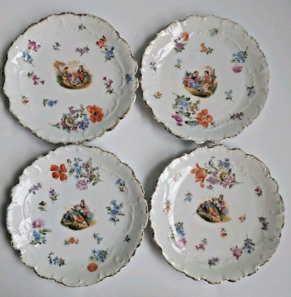 Hutschenreuther Hohenberg Germany Set of 4 Plates 7" Floral Courting Couple